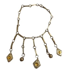 Goldtone Bib Necklace with Yellow Glass Highlights Statement Piece Medallion